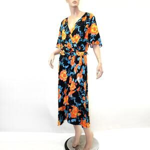 London Times Plus Rayon Floral Boho Faux Wrap Midi Dress Size 18 W